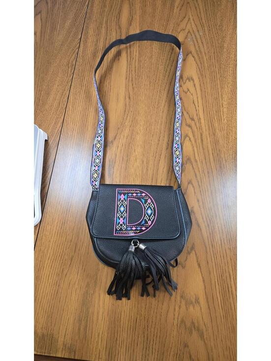 Justice Handbags - Justice Black Crossbody Bag with Colorful Patterned Strap and Tassels